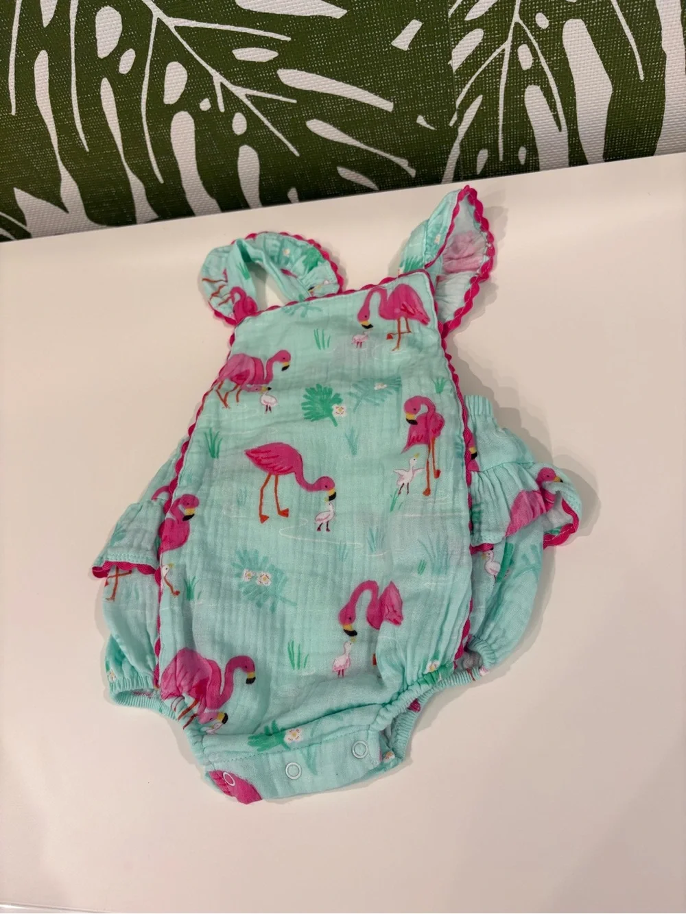 Angel Dear Mint Muslin Romper with Pink Flamingo Accent🦩